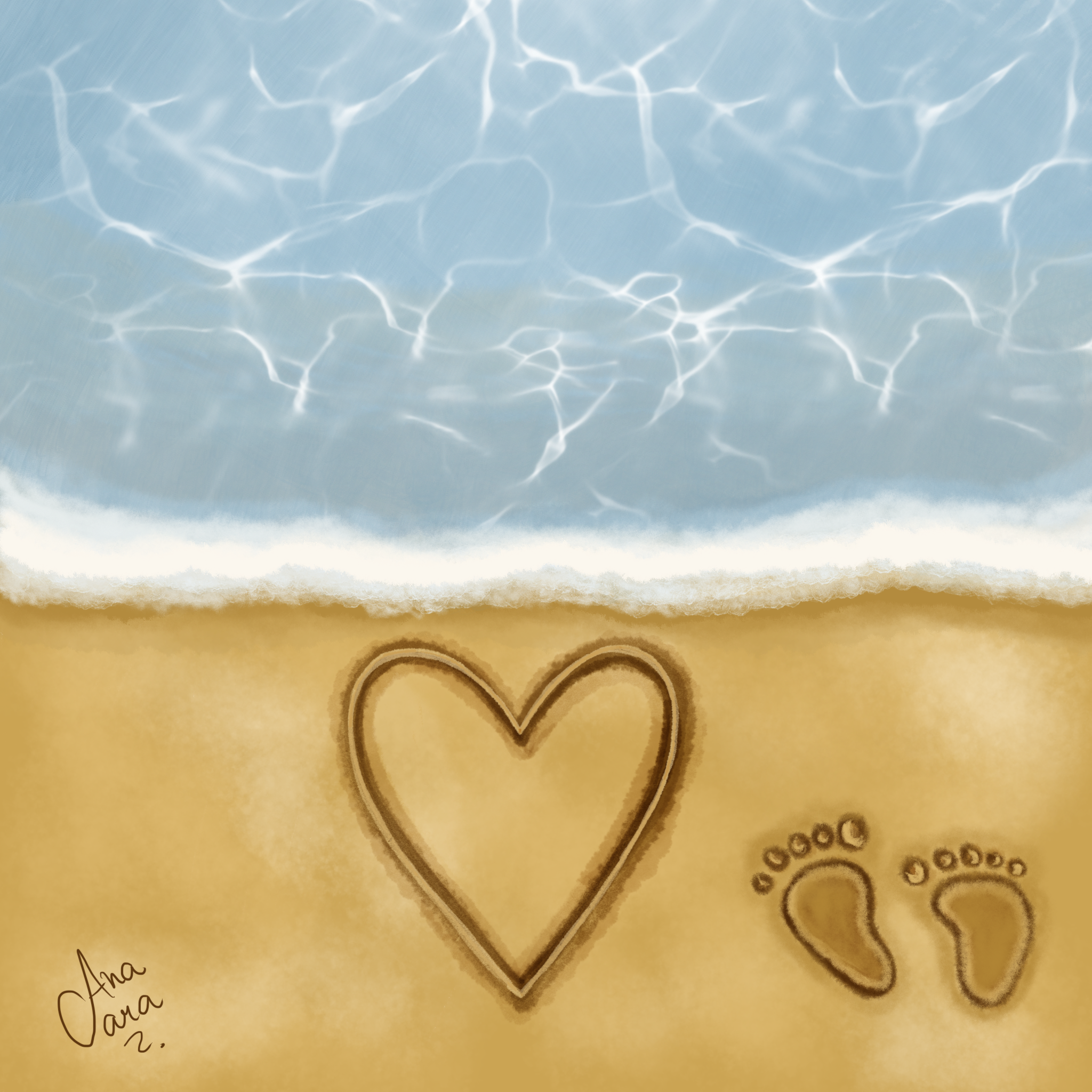 Ilustração: praia com um desenho de coração e pegadas na areia