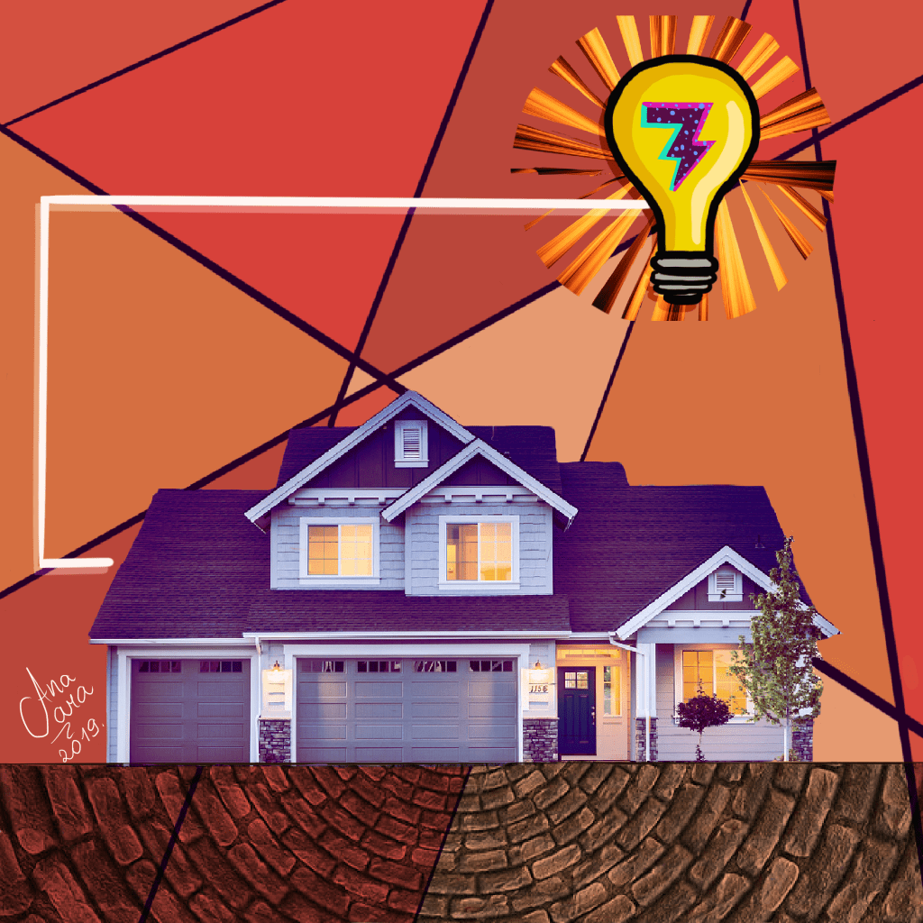 Ilustração: colagem mostrando casa (habitação) e consumo de energia